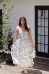 Blue and White Floral Shoulder Tie Midi Dress