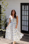 Blue and White Floral Shoulder Tie Midi Dress