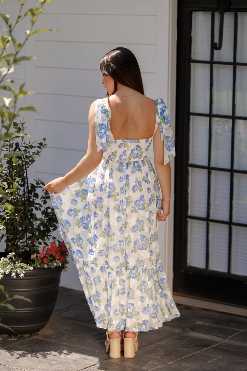 Blue and White Floral Shoulder Tie Midi Dress