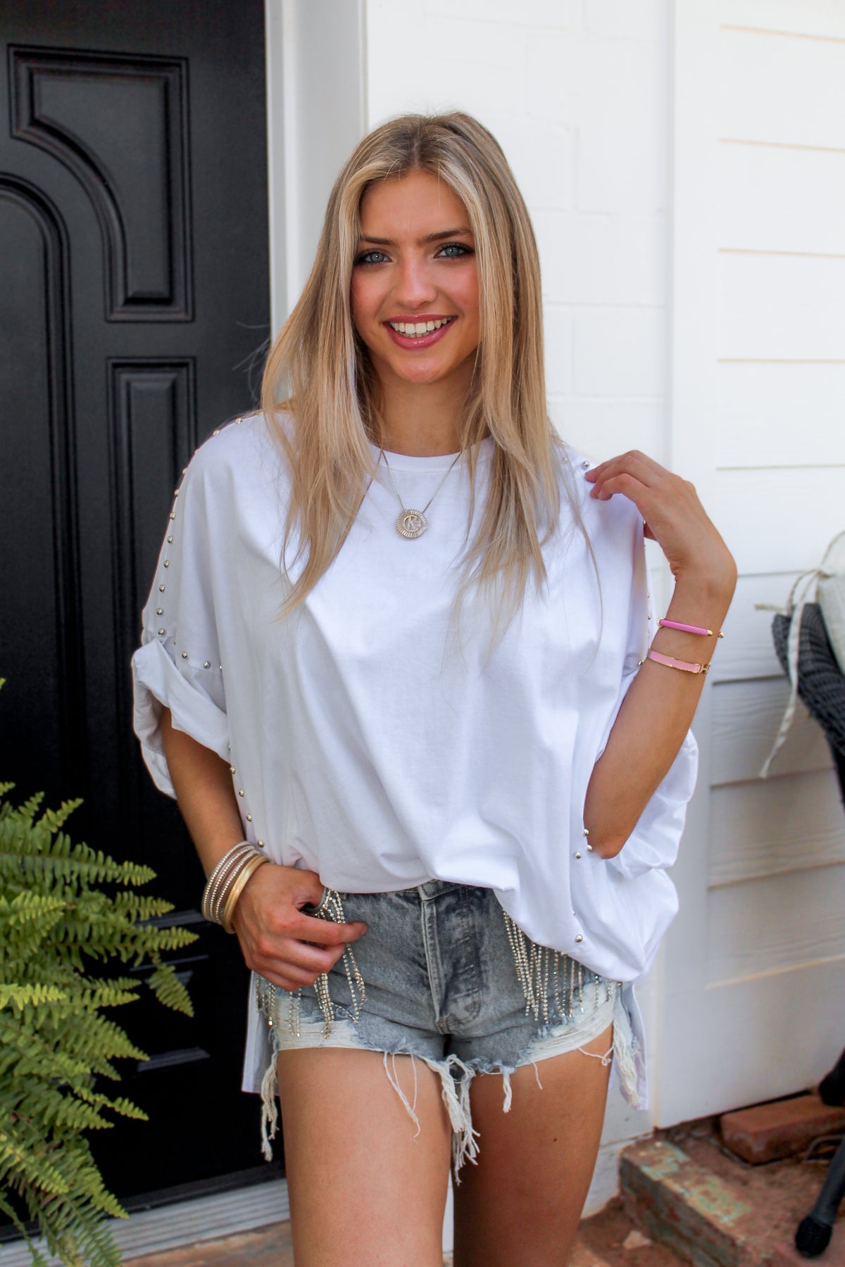 White Oversized Studded Detail Top - Shop Kendry Collection Boutique