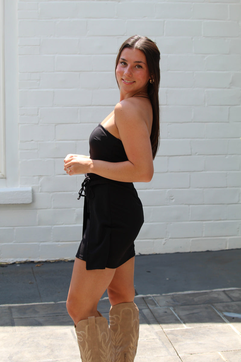 Black Strapless Wrap Mini Dress