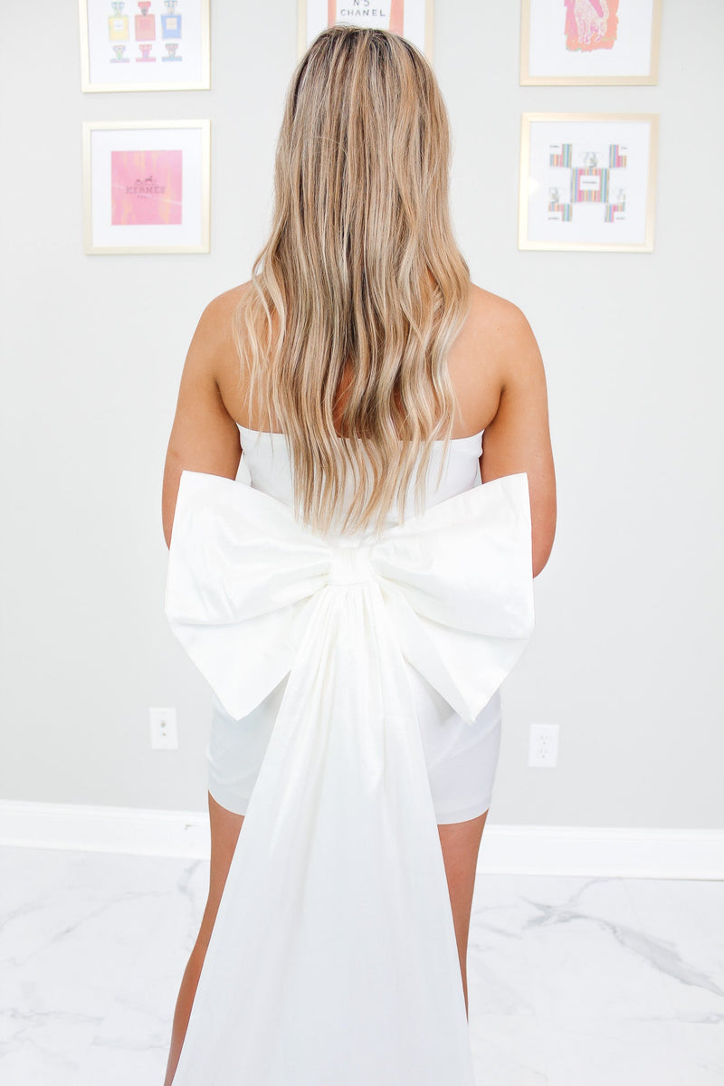 White Strapless Bow Detail Mini Dress