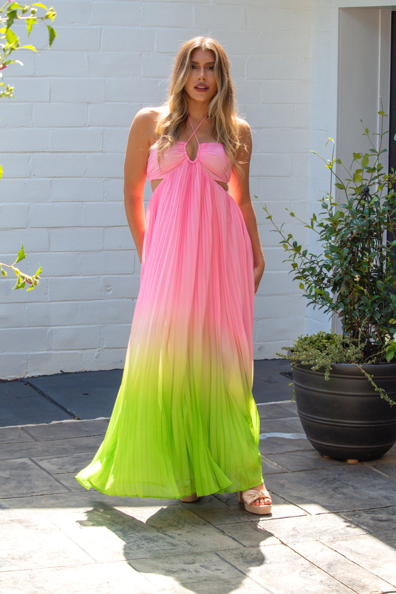 Pink and Green Ombre Pleated Halter Maxi Dress - Kendry Boutique - Ariana Maddix Dress