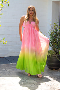 Pink and Green Ombre Pleated Halter Maxi Dress