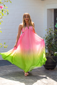 Pink and Green Ombre Pleated Halter Maxi Dress