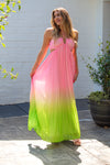 Pink and Green Ombre Pleated Halter Maxi Dress