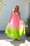 Pink and Green Ombre Pleated Halter Maxi Dress