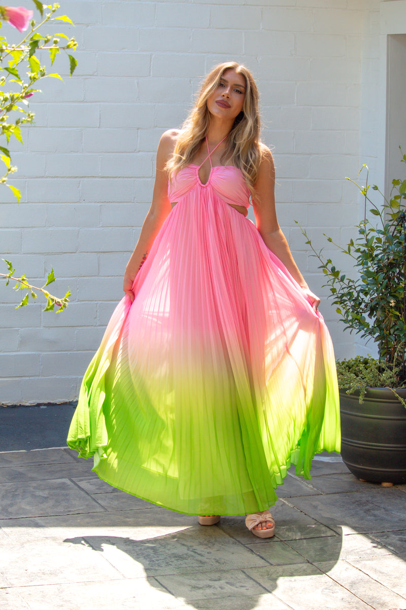 Pink and Green Ombre Pleated Halter Maxi Dress