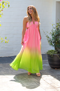 Pink and Green Ombre Pleated Halter Maxi Dress