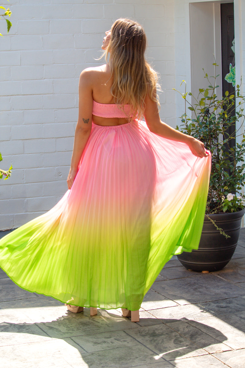 Pink and Green Ombre Pleated Halter Maxi Dress