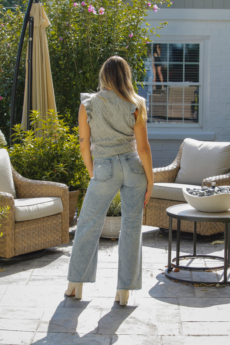 Gray Mock Neck Ruffle Sleeve Cable Knit Tank Top