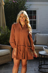 Chocolate Brown Pleated Front Long Sleeve Dress