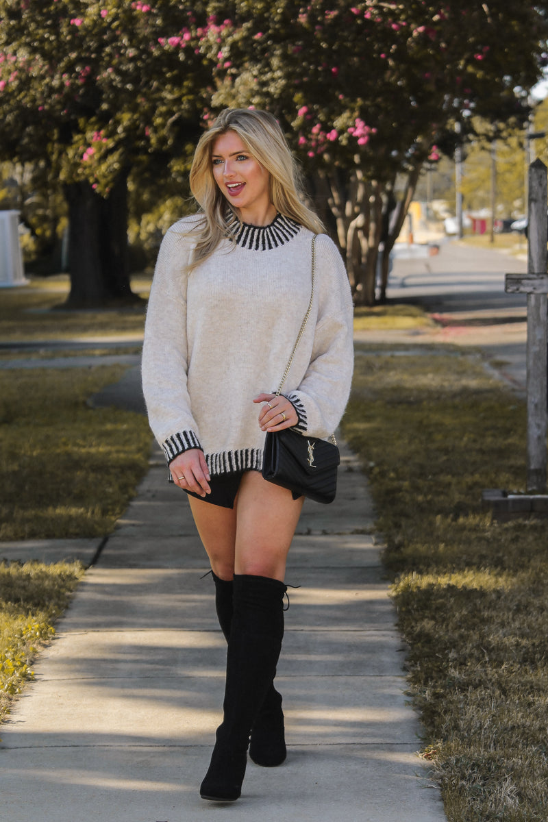 Beige Soft Knit Sweater With Contrasting Hem