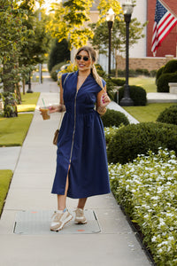 Navy Blue Sleeveless Front Zip Midi Dress