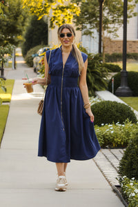 Navy Blue Sleeveless Front Zip Midi Dress