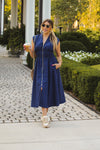 Navy Blue Sleeveless Front Zip Midi Dress