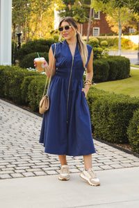 Navy Blue Sleeveless Front Zip Midi Dress