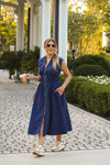 Navy Blue Sleeveless Front Zip Midi Dress