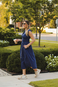 Navy Blue Sleeveless Front Zip Midi Dress