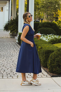 Navy Blue Sleeveless Front Zip Midi Dress