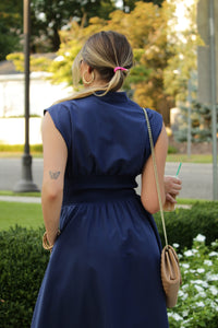 Navy Blue Sleeveless Front Zip Midi Dress