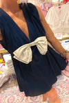 Navy Blue Mini Dress with White Bow | Kendry Boutique