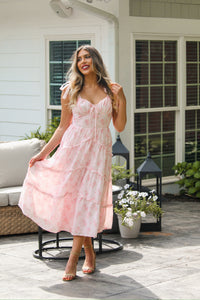 Pink Floral Bow Tie Midi Dress