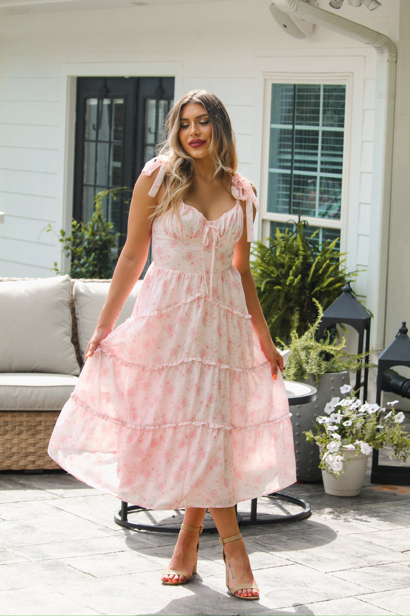 Pink Floral Bow Tie Midi Dress