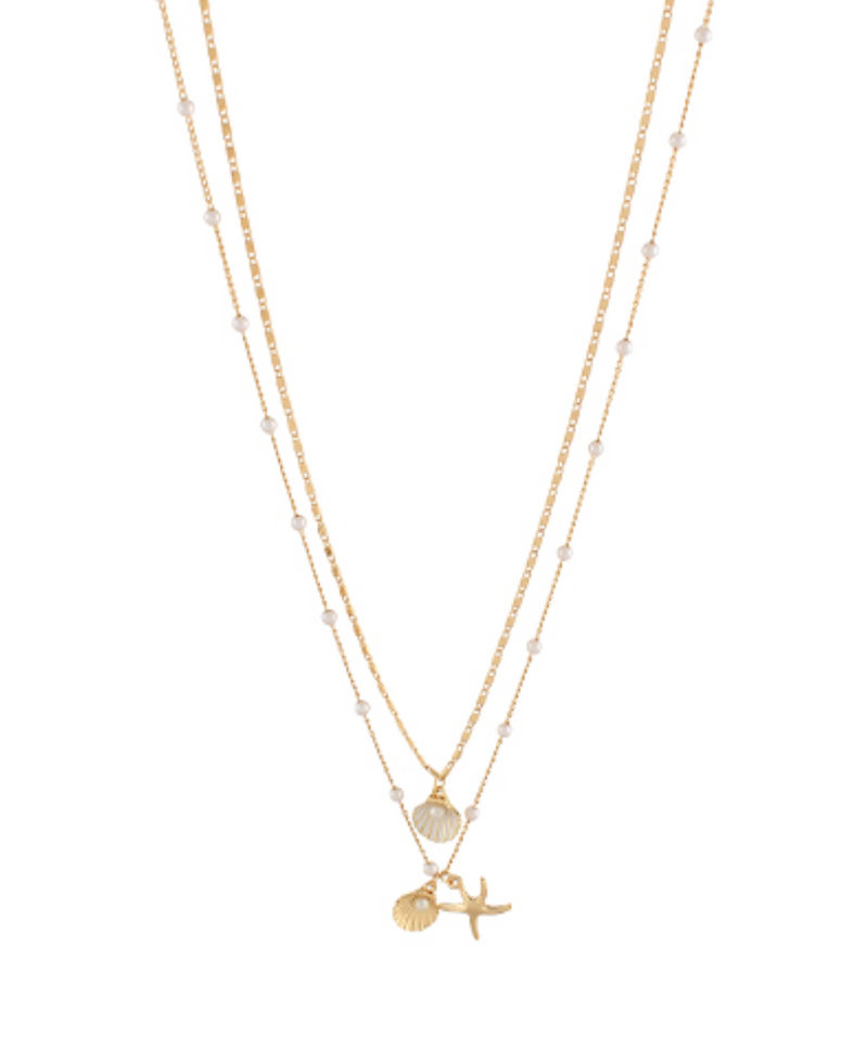 Double Chain Pearl Shell and Starfish Charm Necklace