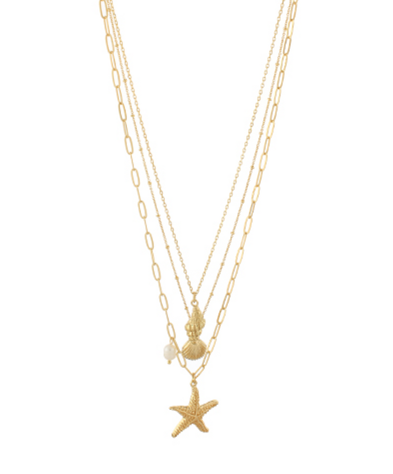 Triple Chain Pearl Seashell and Starfish Charm Necklace