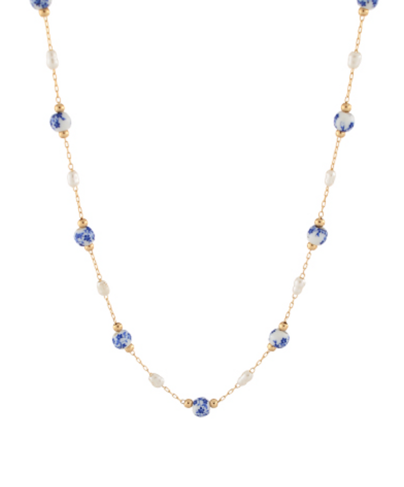 Blue and White Beaded Pearl Chain Necklace