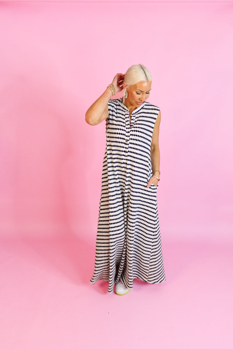 White and Black Striped Knit Wide Leg Jumpsuit