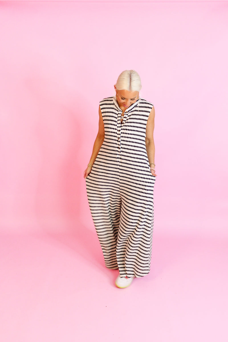 White and Black Striped Knit Wide Leg Jumpsuit - Shop Trendy Jumpsuits Now At Kendry Collection Boutique