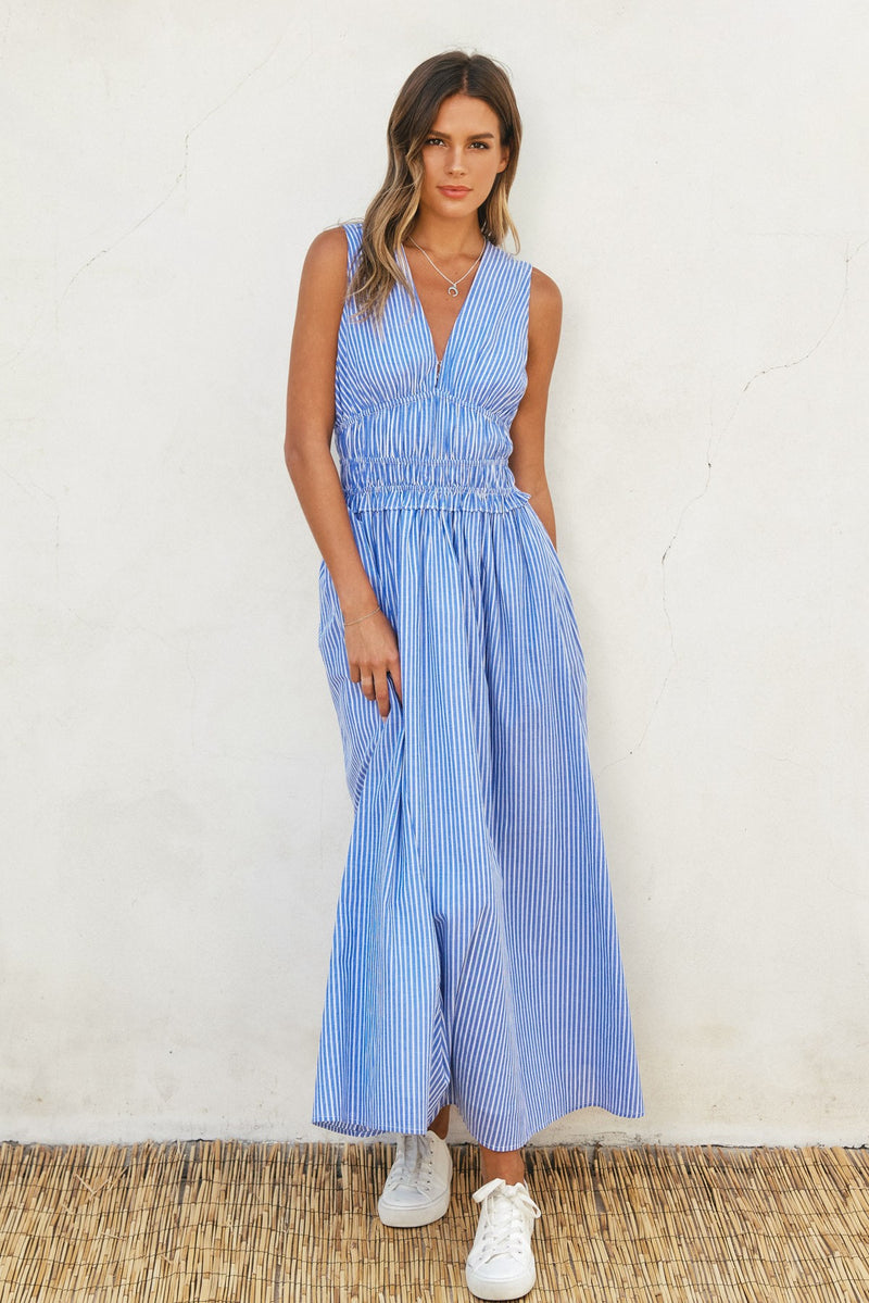 Blue and White Striped Poplin Shirred Waist Midi Dress