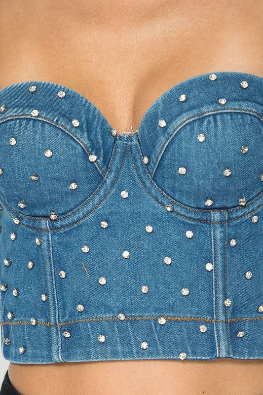 Rhinestone Studded Denim Corset Top