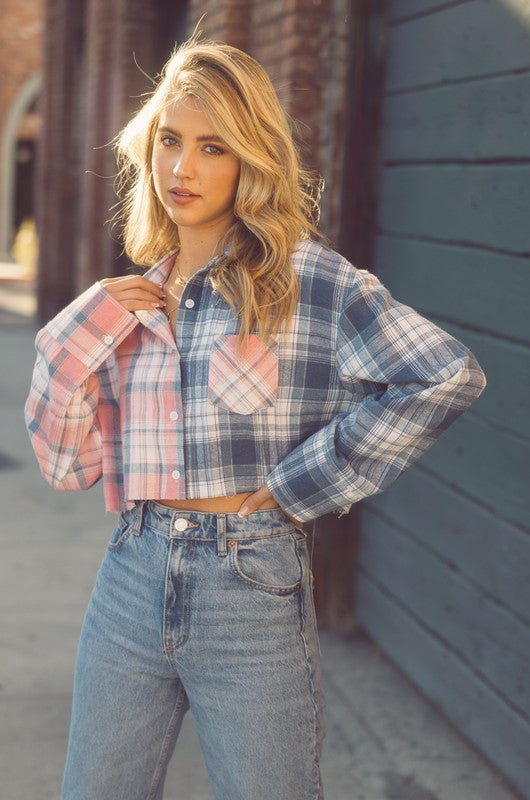 Pink Plaid Color Block Cropped Button Down