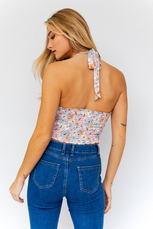 Floral Ruched Halter Neck Top