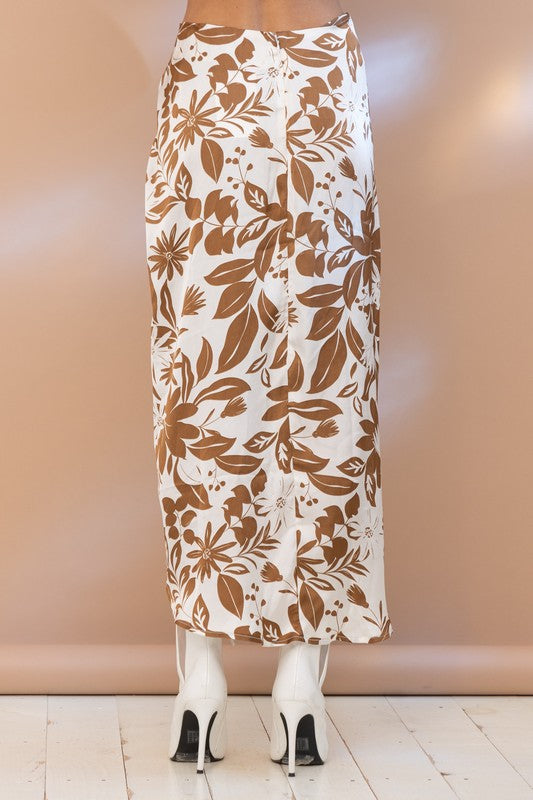 Brown Floral Ruched Midi Skirt