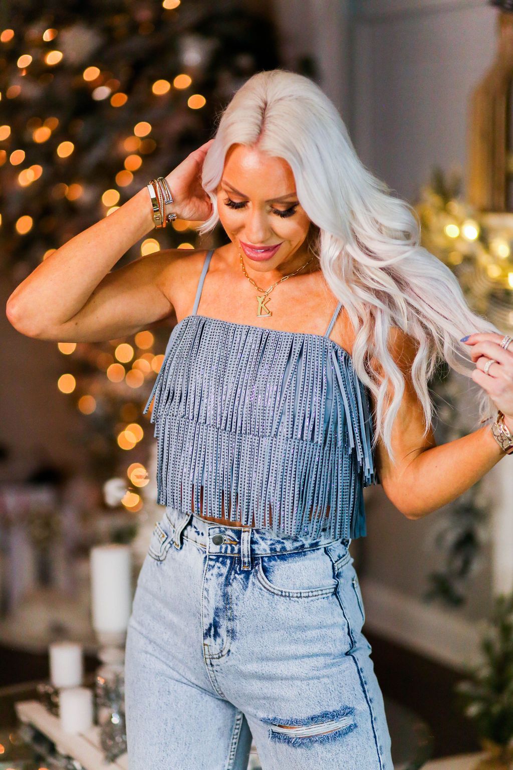 Blue Metallic Fringe Crop Top - Kendry Collection Boutique