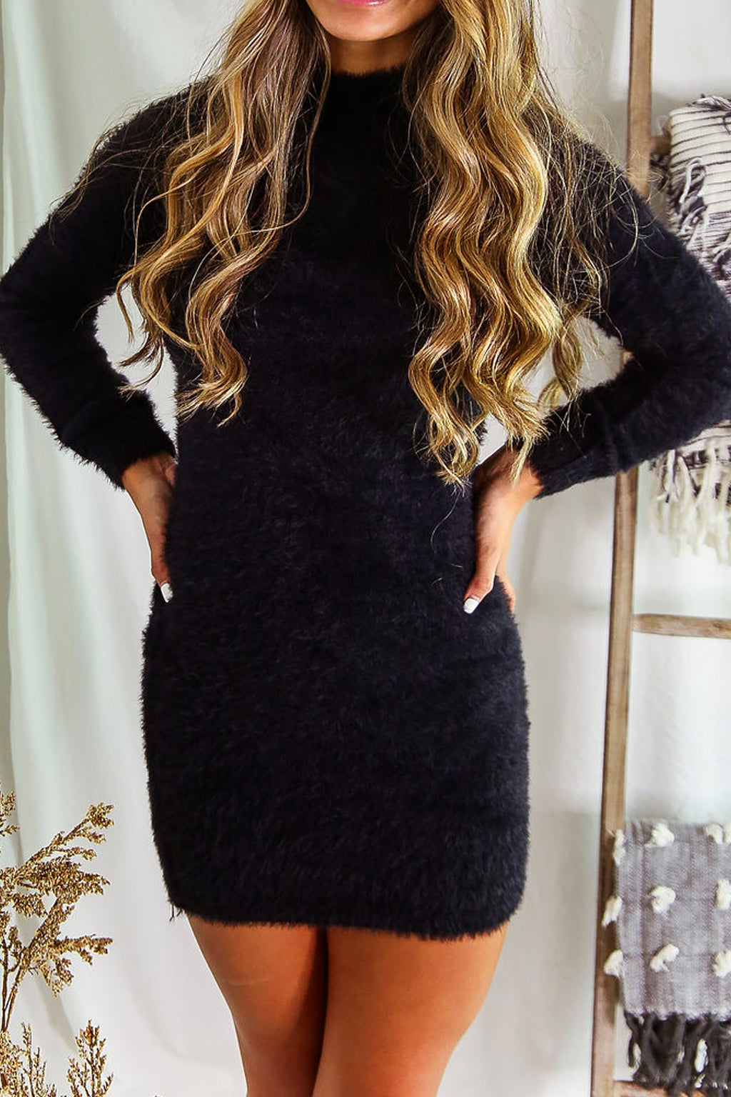 Fuzzy Black Long Sleeve Sweater Mini Dress