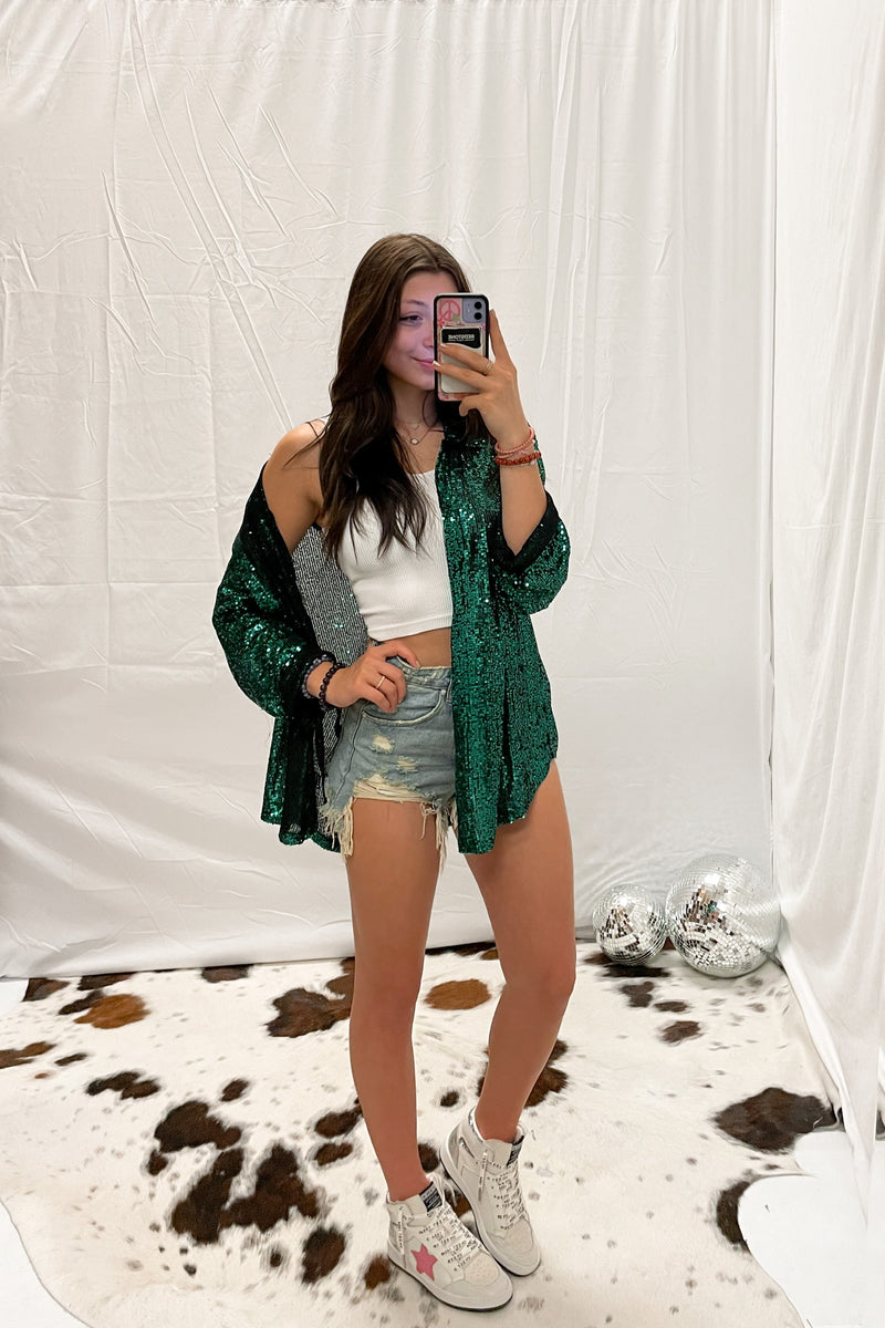 Green Sequin Button Down Blouse