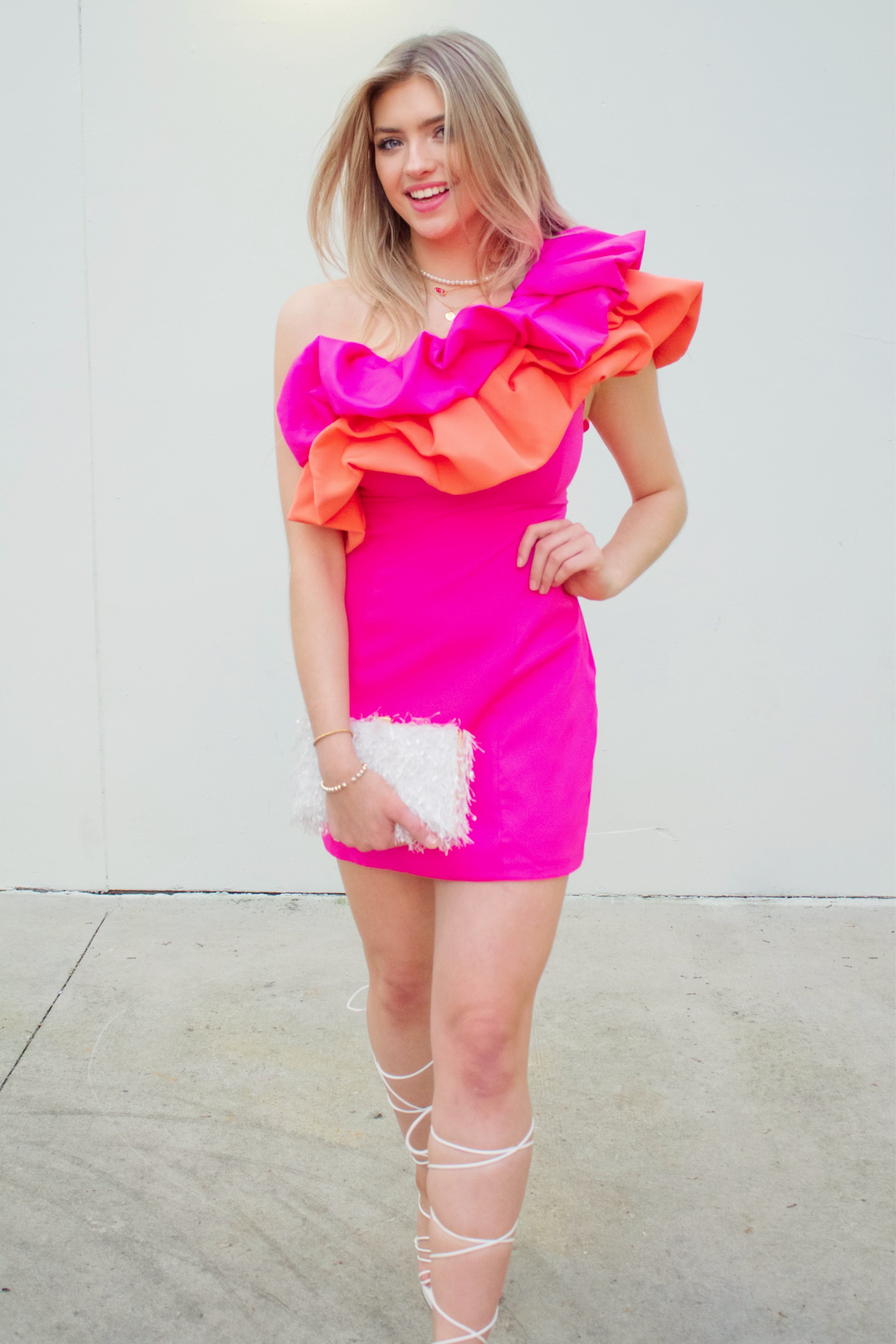 Pink one shoulder online ruffle dress