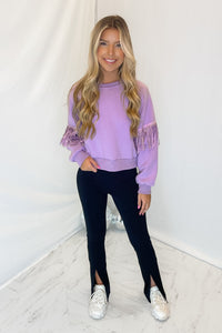 Lavender Long Sleeve Fringe Sweatshirt