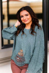 Jade Green Distressed Popcorn Sweater - Shop Kendry Collection Boutique