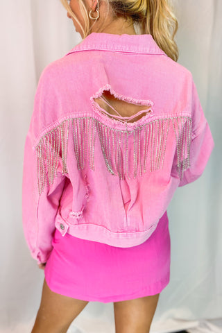 Shop PS Boutique Hot Pink Denim Jacket with Rhinestone Fringe Small