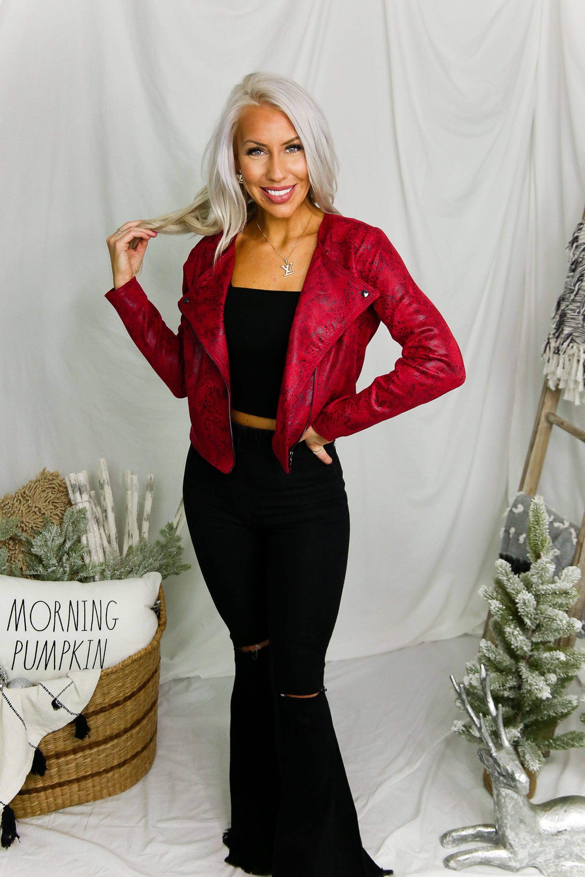 Bold Red Snake Pattern Faux Leather Jacket