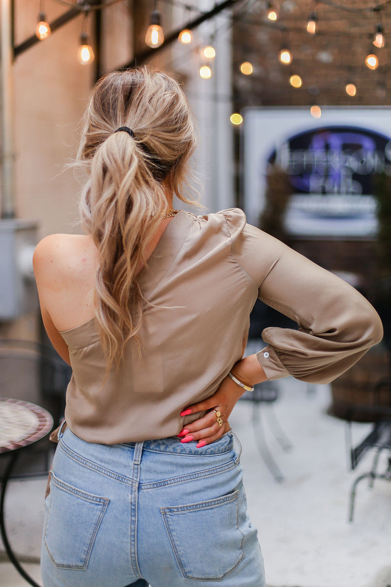 Taupe One Shoulder Tie Blouse - Shop Kendry Collection Boutique