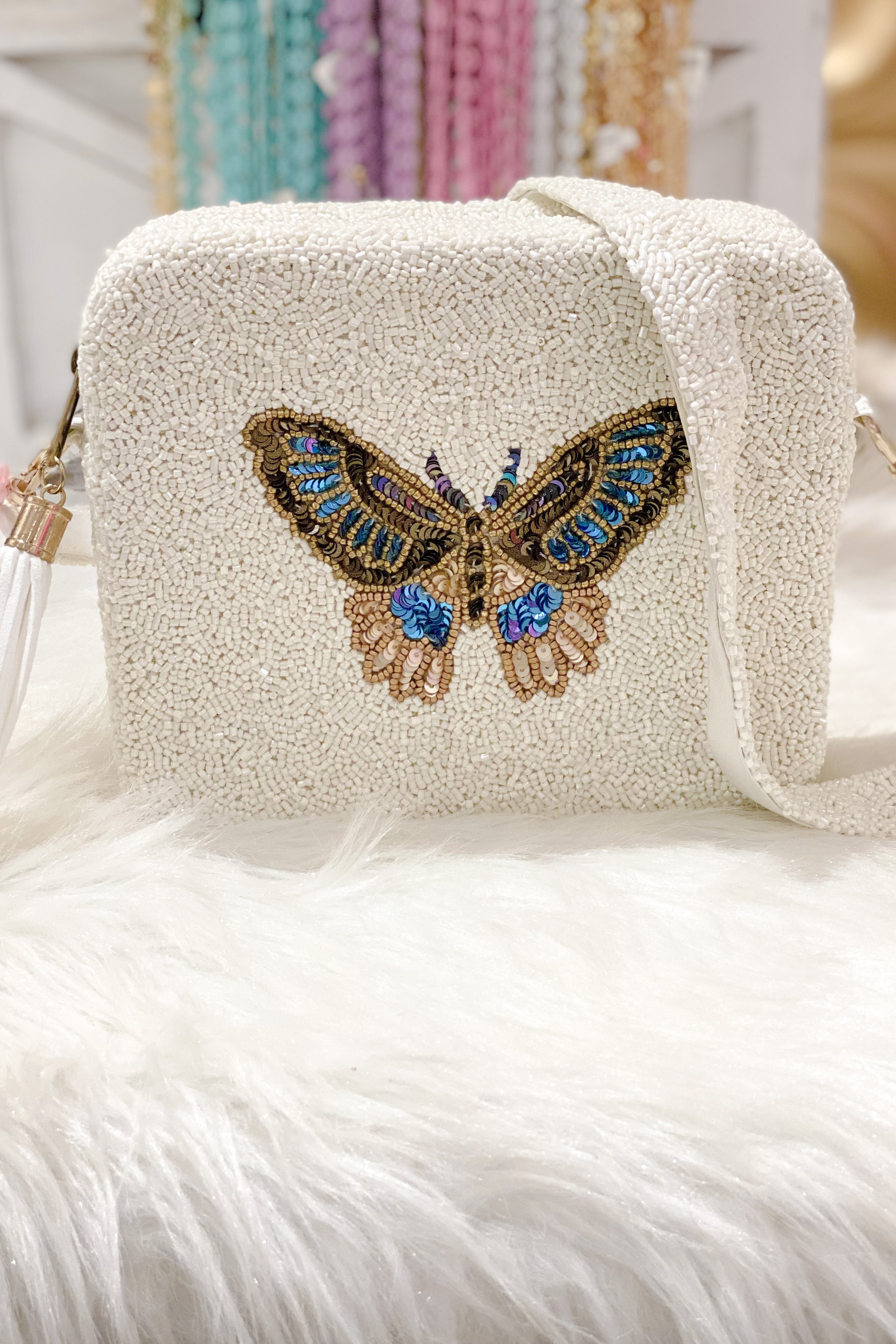 Tiana Designs Beaded Box Purse Ivory and Blue Butterfly