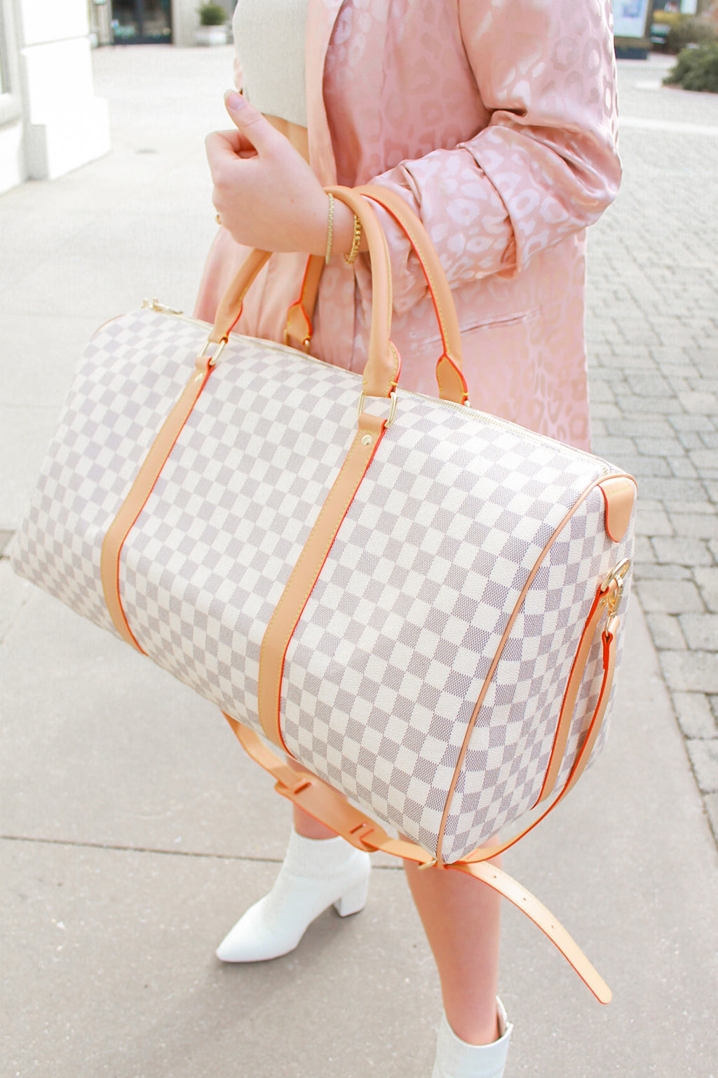 Boujee Weekend Away Grey And White Checkered Duffle Bag
