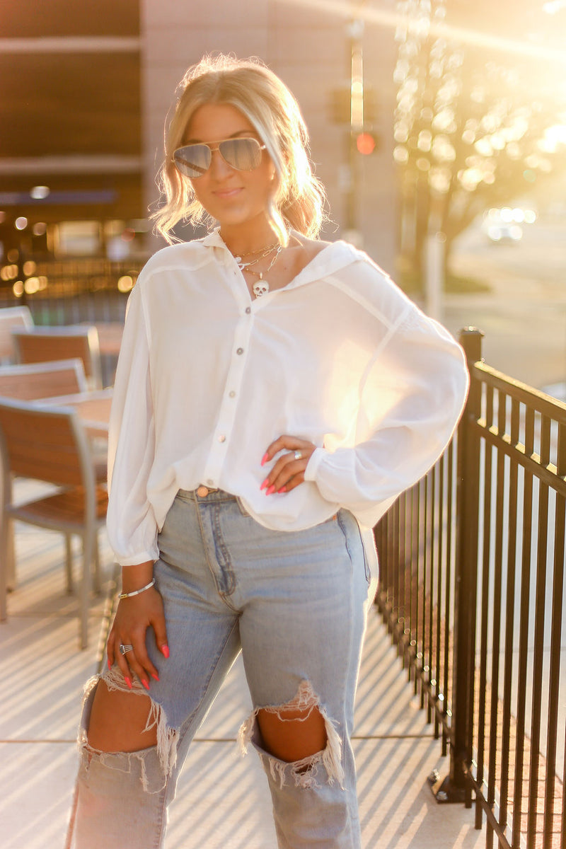 White Long Sleeve Button Down Top